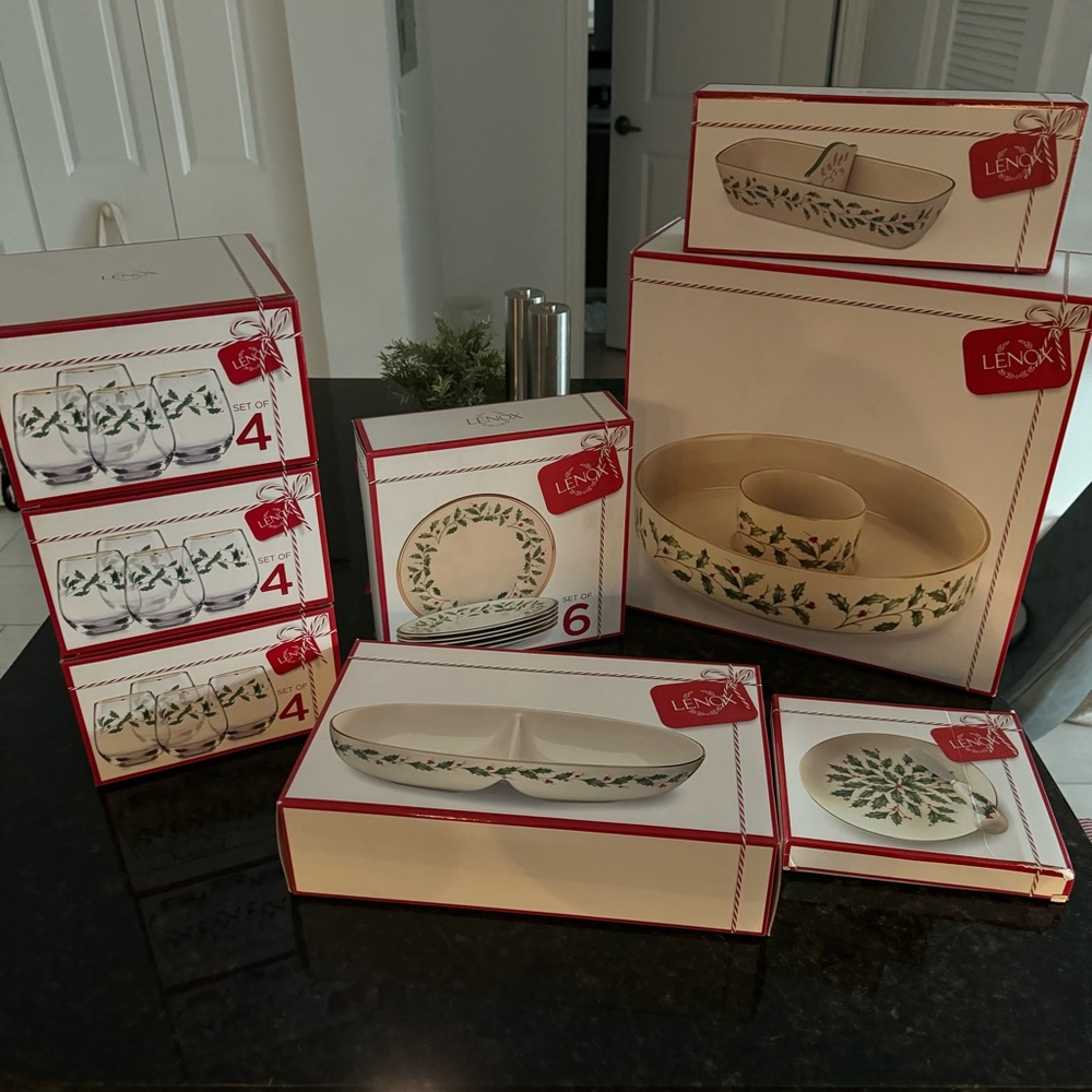 Lenox Christmas salad plates, glasses, dip and chips, etc.